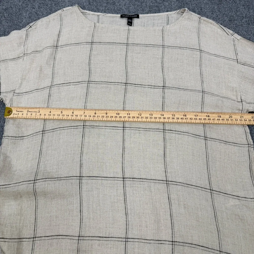 Eileen‎ Fisher Windowpane Organic Linen Blouse Size M Coastal Grandma Lagenlook